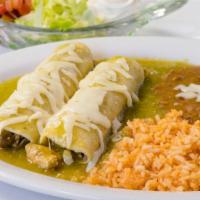 Enchilada · Red or green sauce, choice of meat, lettuce, pico de gallo, sour cream and cheese. Add shrim...