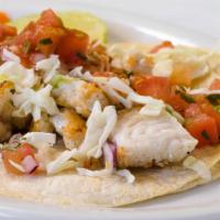 Fish Tacos · Fish, cabbage, pico de gallo, hot or mild sauce.