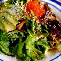 Salmon skin salad · vegetable salad, salmon skin, tobiko, green onion, sesame seed, avocado