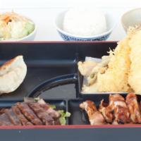 Sushi Zono Bento Box · Served with Salad & Rice. Chicken Teriyaki, Beef Teriyaki, Assorted Tempura & Gyoza.