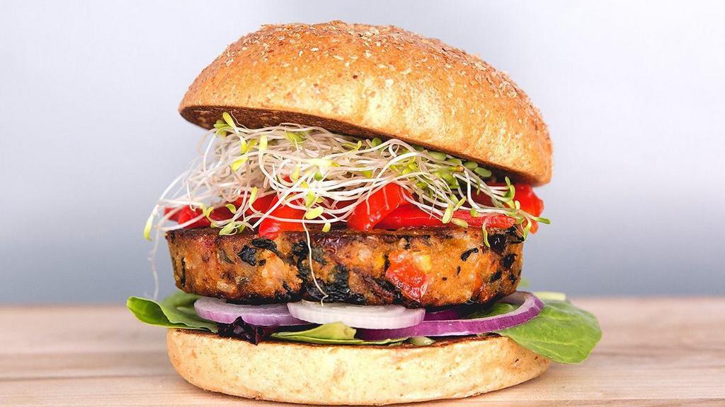 Sprouted Veggie · vegan veggie • organic mixed greens • red onions • roasted red peppers • alfalfa sprouts • dijon balsamic • multigrain bun