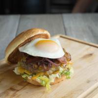 Breakfast Burger · all-natural beef* • tillamook cheddar • tomatoes • applewood smoked bacon • sunny side up eg...