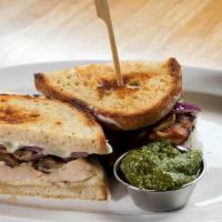 The Meltdown · grilled chicken breast • provolone • sautéed mushrooms • grilled red onions • basil pesto or...
