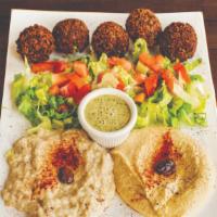 Falafel Plate · Falafel balls with hummus, baba ganoush and salad
