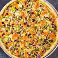 Veggie Pizza · Bell peppers, onions, mushrooms, black olives and tomatoes baked on a hand-tossed dough. Veg...