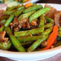 String Beans · Fried string beans and bell pepper sautéed in garlic chili paste.