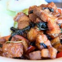 Spicy Basil with Pork Belly · Golden fried pork belly sauteed with garlic, bell pepper, chili and basil.