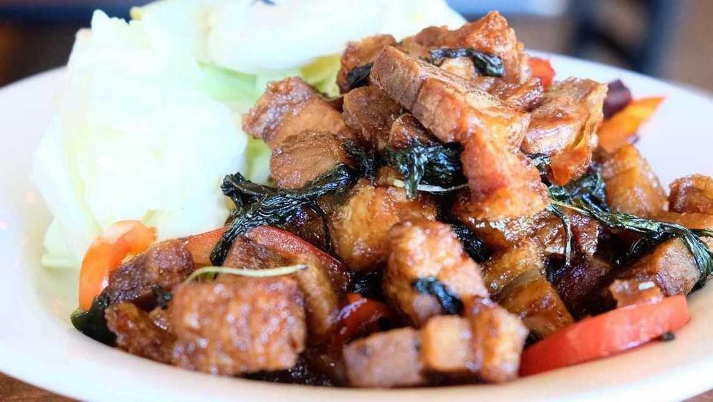 Spicy Basil with Pork Belly · Golden fried pork belly sauteed with garlic, bell pepper, chili and basil.