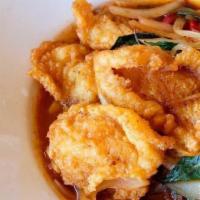 Spicy Basil Fish (Snapper) · Fresh golden fried snapper filet sauteed with basil, garlic, onions, bell pepper and chili i...