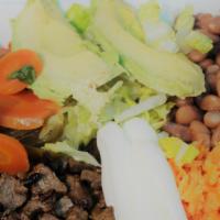 Plato Mexicano · Choice of meat, rice, beans, pico de gallo, lettuce, sour cream, avocado, jalapeños and side...