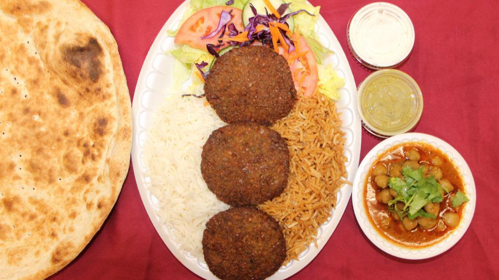 Falafel Platter · Vegatable patties made from chick peas, fava beans, onions, garlic and cilantro