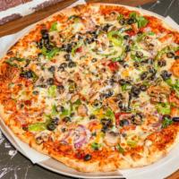 Garden Pizza · Onions, mushrooms, bell peppers, black olives, sun-dried tomato, and spinach.