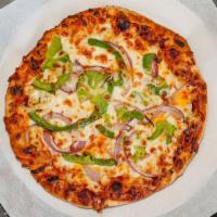 BBQ Chicken Pizza · Chicken, bell peppers, onions over BBQ sauce.