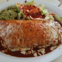Burrito Especial · Burrito covered in Mole Sauce, Sour Cream, Guacamole & Melted Cheese