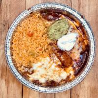 Enchiladas Suizas · Two Cheese Enchiladas, Covered with Mild Red Sauce, Sour Cream & Guacamole