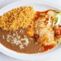 Chile Relleno · Served with meat rice beans guacamole salsa sour cream lettuce and tortillas.