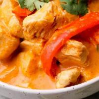 RED CURRY BOWL · Red curry paste with Coconut milk, Bell peppers, Onions, Basil and  choice of protein. Curry...