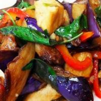 EGGPLANT BOWL · Sauteed Eggplant, Bell peppers, Onions, Basil and choice of proteins.  Added on top of Jasmi...