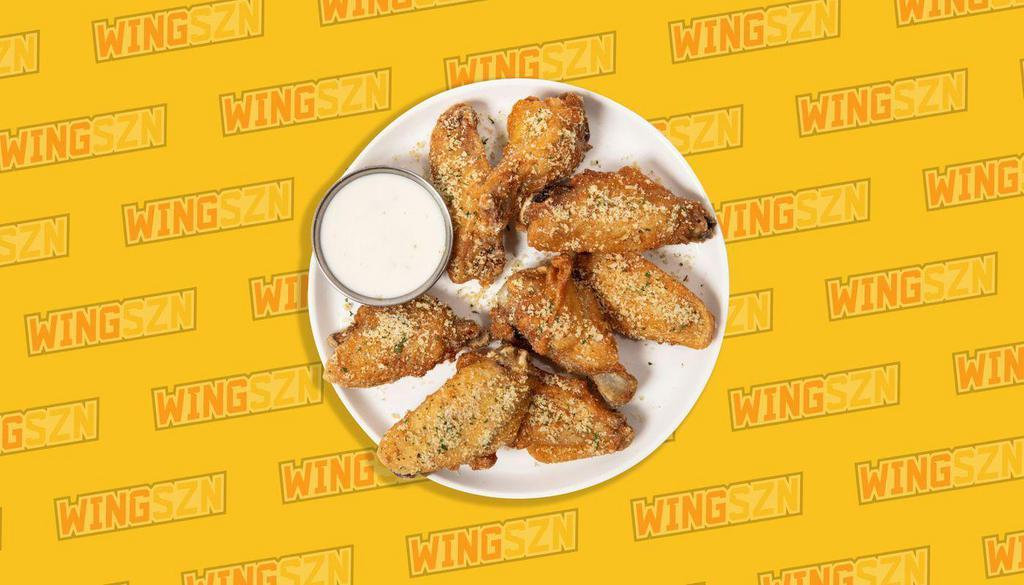 Crispy Garlic Parmesan · The ultimate crowd pleaser. Savory garlic, rich cheesy parmesan, a touch of kosher salt, tossed with our classic, bone-in chicken wings. This dry rub hits different.