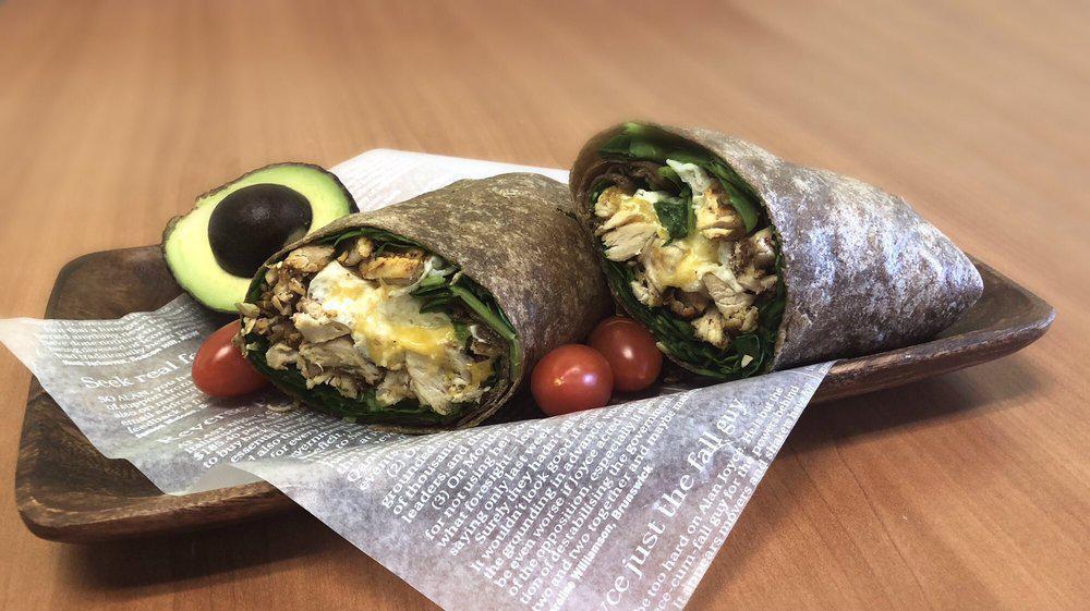 Bodybuilders Burrito · Whole wheat tortilla with four-ounce egg whites and six-ounce of tilapia or chicken, tomato and spinach. Sauce on the side.