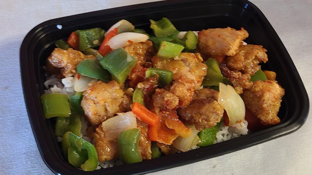 Sweet & Sour Chicken · Chicken Thigh with Sweet&Sour Sauce and eight ounces rice, Onion and Bell pepper