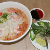#40 L Seafood Combination with Rice Noodle · Shrimps, imitation crab, squids and fried onions