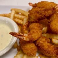 Fried Shrimps (7pc) · Shrimps and Fries with lemon and cocktail sauce.