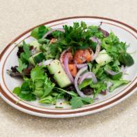 House Salad · Mixed greens, tomato, cucumber, red onion & dressing.