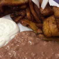 Platanos Fritos Con Crema Y Frijoles · Regular. Fried bananas served with beans and sour cream.