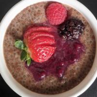 Chia Berry Chocolate Pudding · Chia seeds soaked in a midly sweet coconut milk, cocoa and allulose mix, topped with a mixed...
