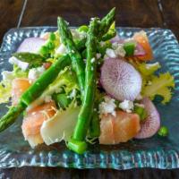 Asparagus Spring Salad · Asparagus | fava beans | coraline chicory | purple daikon radish | sugar snap peas | goat ch...
