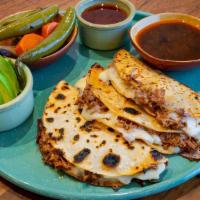 Quesabirria · Slow-cooked lamb & Oaxaca cheese quesadillas | sesame seed & chile de árbol salsa | avocado ...