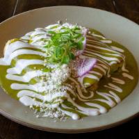 Shrimp Enchiladas · White gulf shrimp | three cheese blend | corn tortilla | fava poblano salsa | crema fresca |...