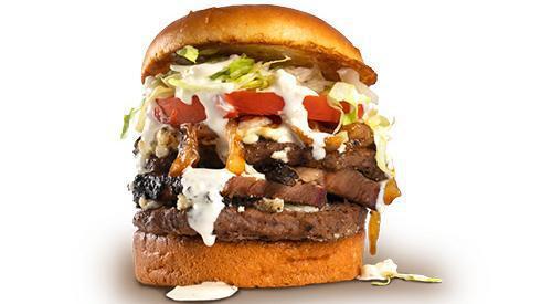Dad Bod Burger · Double burger served on a toasted brioche bun, topped with smoked brisket, crumbled blue cheese, sweet grilled onions, blue cheese dressing, shredded lettuce, and sliced tomato