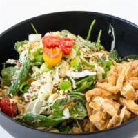 Greens & Grains with Chicken Salad · Gluten-Free.  Hot & spicy. Green cabbage, baby spinach, baby kale, red chili peppers, quinoa...