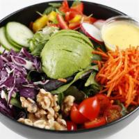 Rainbow Salad · Spring mix, arugula, orange vinaigrette dressing, cherry tomato, carrots, cucumber, radish, ...