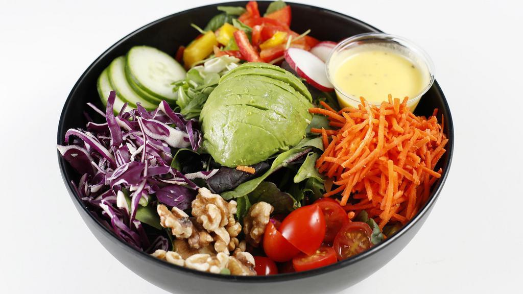 Rainbow Salad · Spring mix, arugula, orange vinaigrette dressing, cherry tomato, carrots, cucumber, radish, red cabbage, bell pepper, avocado, walnuts.