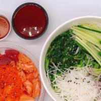 Spicy Sashimi Donburi · chef's choice of fresh sashimi + vegetable over rice w/ spicy sauce on the side
