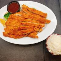 Chicken Katsu · a breaded, deep-fried chicken breast cutlet served with miso soup, salad and rice