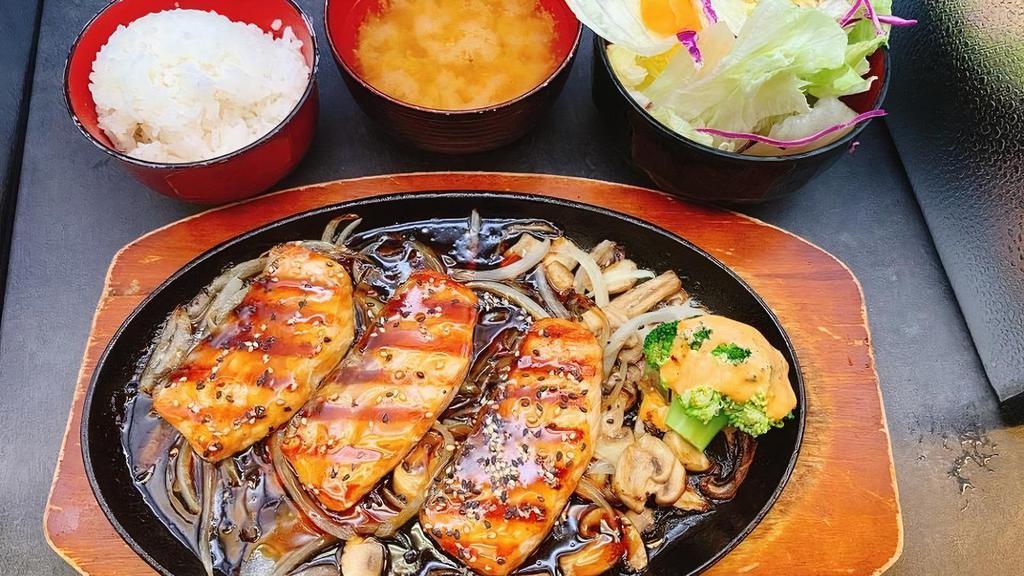 Salmon Teriyaki · served with miso soup, salad and rice
