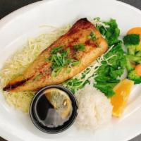 Saba Shioyaki · grilled mackerel served with miso soup, salad and rice