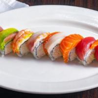 Rainbow Roll · crab + avocado covered w/ tuna + salmon + albacore + ebi + avocado
