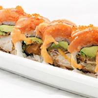 Spicy Spider Roll · deep fried soft shell crab + avocado covered w/ spicy albacore + tobiko w/ special sauce