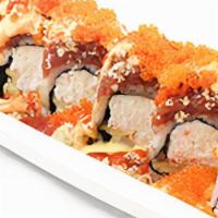 Angry Bird Roll · crab + deep fried shrimp + spicy tuna + crunch + tobiko w/ special sauce