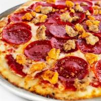 Mega Meat Pizza · Original Thin Crust, Olive Oil, Red Sauce, Mozzarella, Meatball, Sausage, and Pepperoni. Pre...
