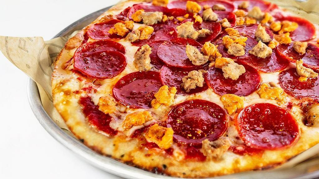 Mega Meat Pizza · Original Thin Crust, Olive Oil, Red Sauce, Mozzarella, Meatball, Sausage, and Pepperoni. Previously known as our Butcher’s Choice