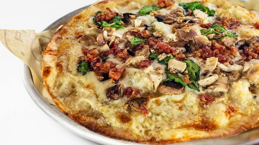 Alfredo Bacon Chicken “Abc” Pizza · Original Thin Crust with Olive Oil, Alfredo and Mozzarella, All-Natural Cage-Free Chicken, Bacon, Mushroom, and Spinach