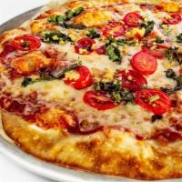 Margherita Pizza · Original Thin Crust, Olive Oil, Red Sauce, Mozzarella, Grape Tomatoes, Garlic and Basil.