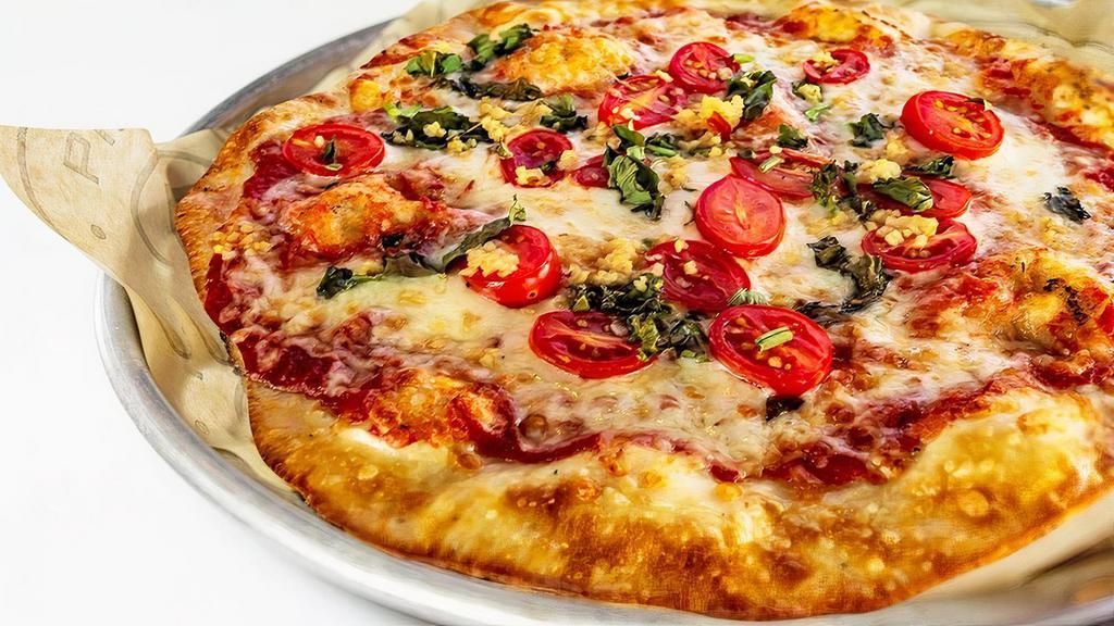 Margherita Pizza · Original Thin Crust, Olive Oil, Red Sauce, Mozzarella, Grape Tomatoes, Garlic and Basil.