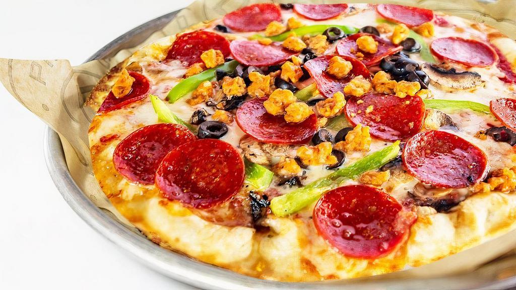 Combo Pizza · Original Thin Crust, Olive Oil, Red Sauce, Mozzarella, Sausage, Pepperoni, Mushroom, Green Pepper and Olives